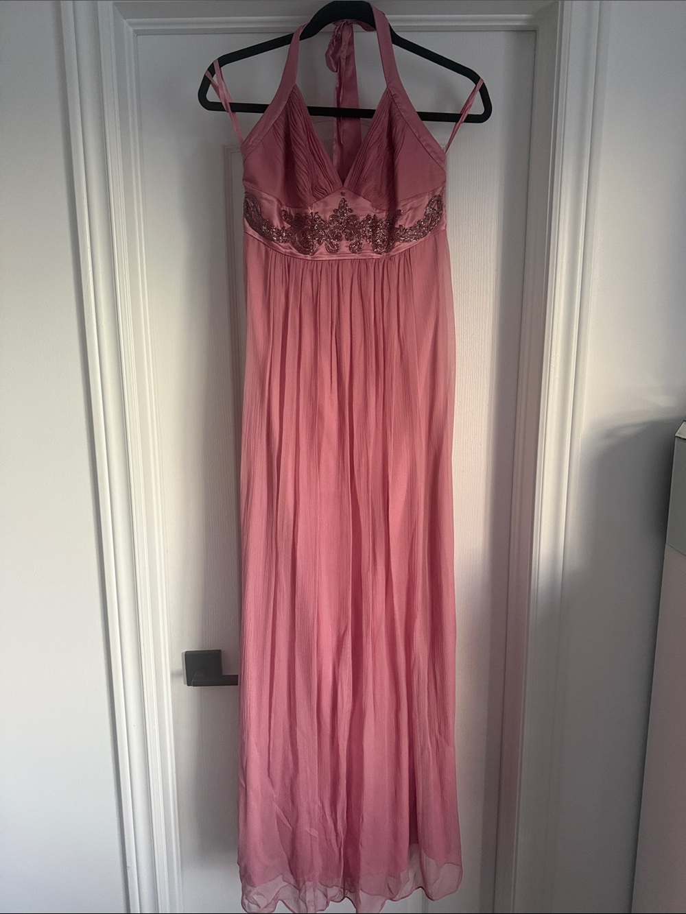 BCBGMaxAzria Dusty Pink Embellished Silk Halter Maxi Dress